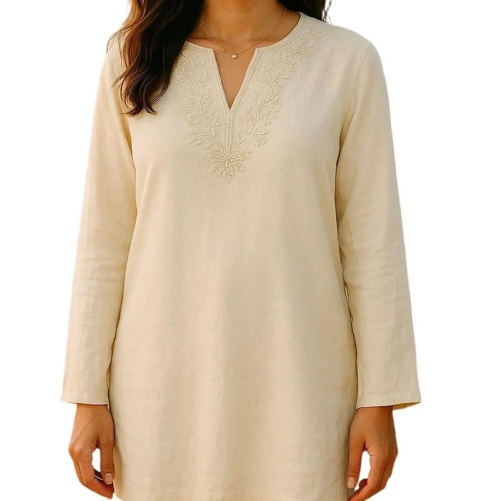 Lands’ End size M/P 10-12 ivory linen  floral beaded neckline boho festival